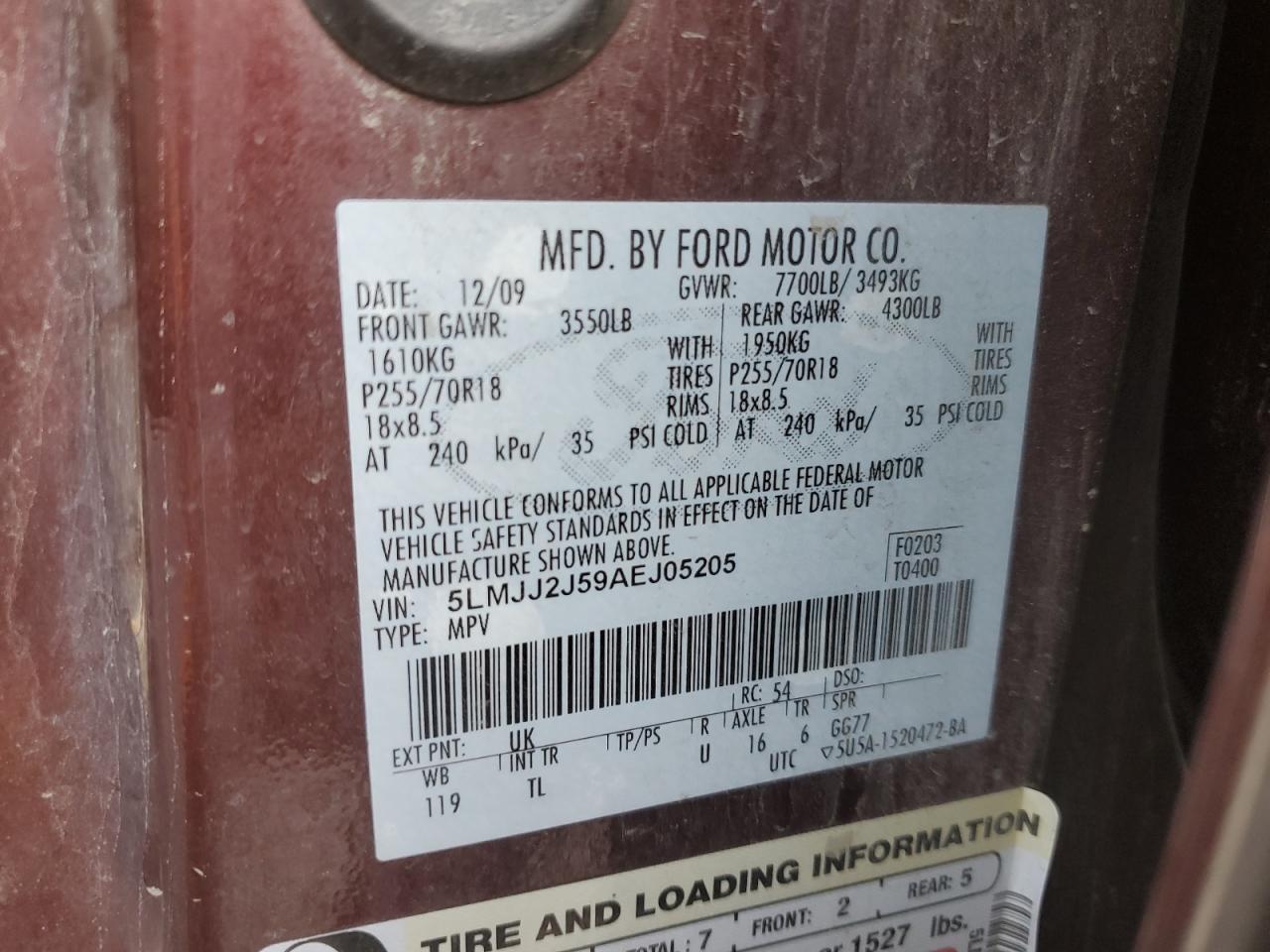 2010 Lincoln Navigator VIN: 5LMJJ2J59AEJ05205 Lot: 61748255