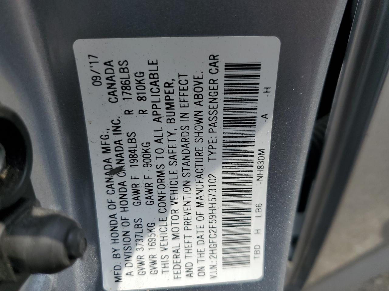 2017 Honda Civic Lx VIN: 2HGFC2F59HH573102 Lot: 63133665
