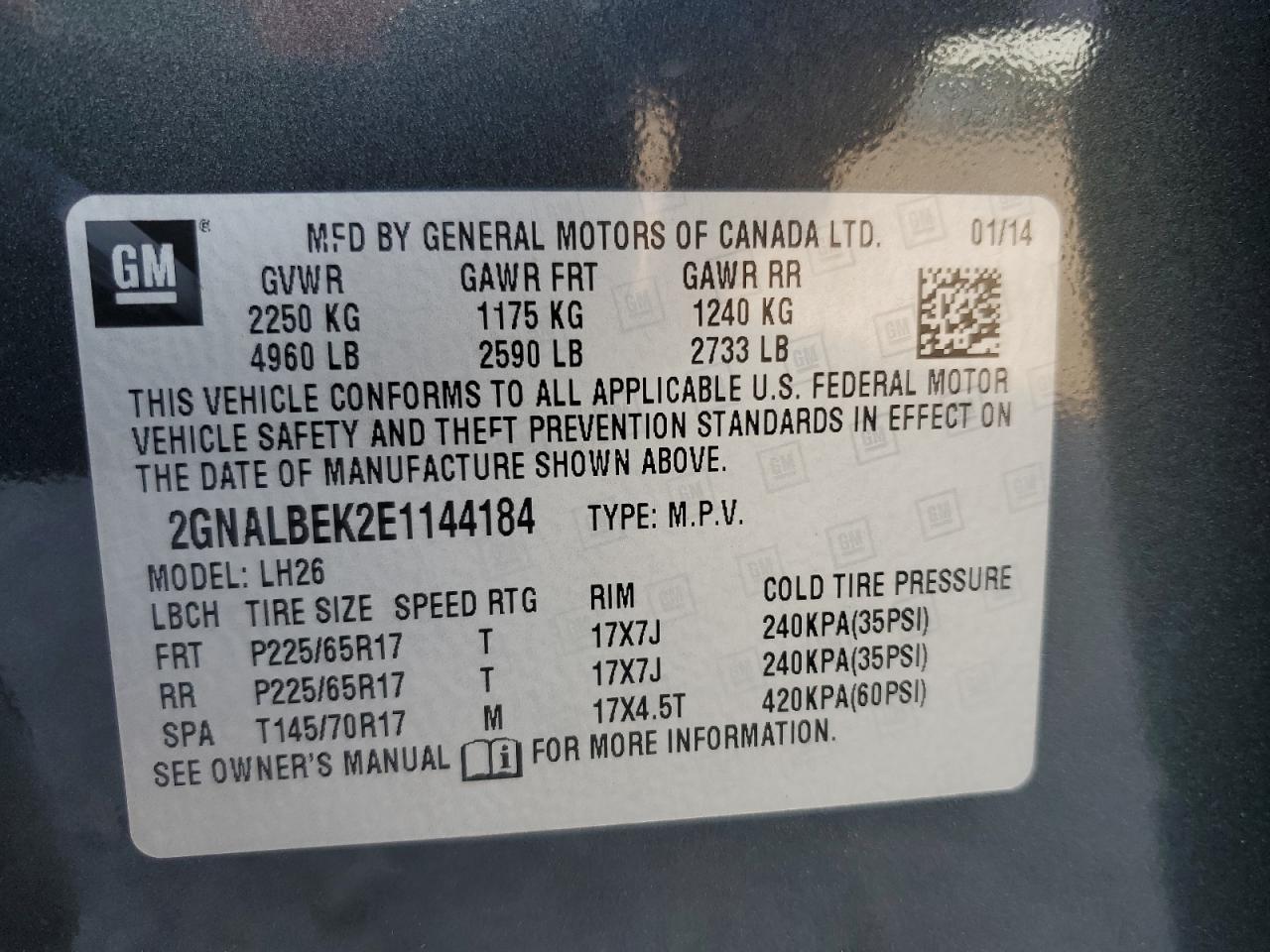 2014 Chevrolet Equinox Lt VIN: 2GNALBEK2E1144184 Lot: 58086625