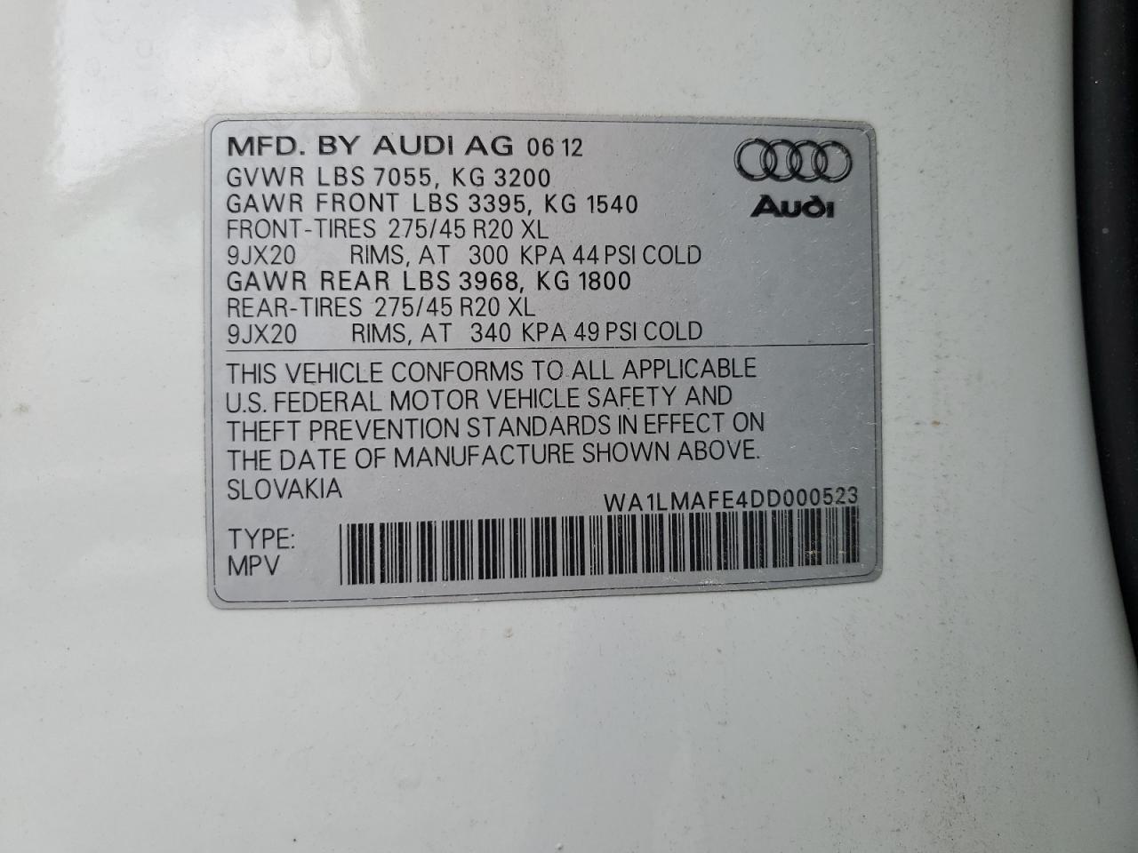 2013 Audi Q7 Premium Plus VIN: WA1LMAFE4DD000523 Lot: 60612425
