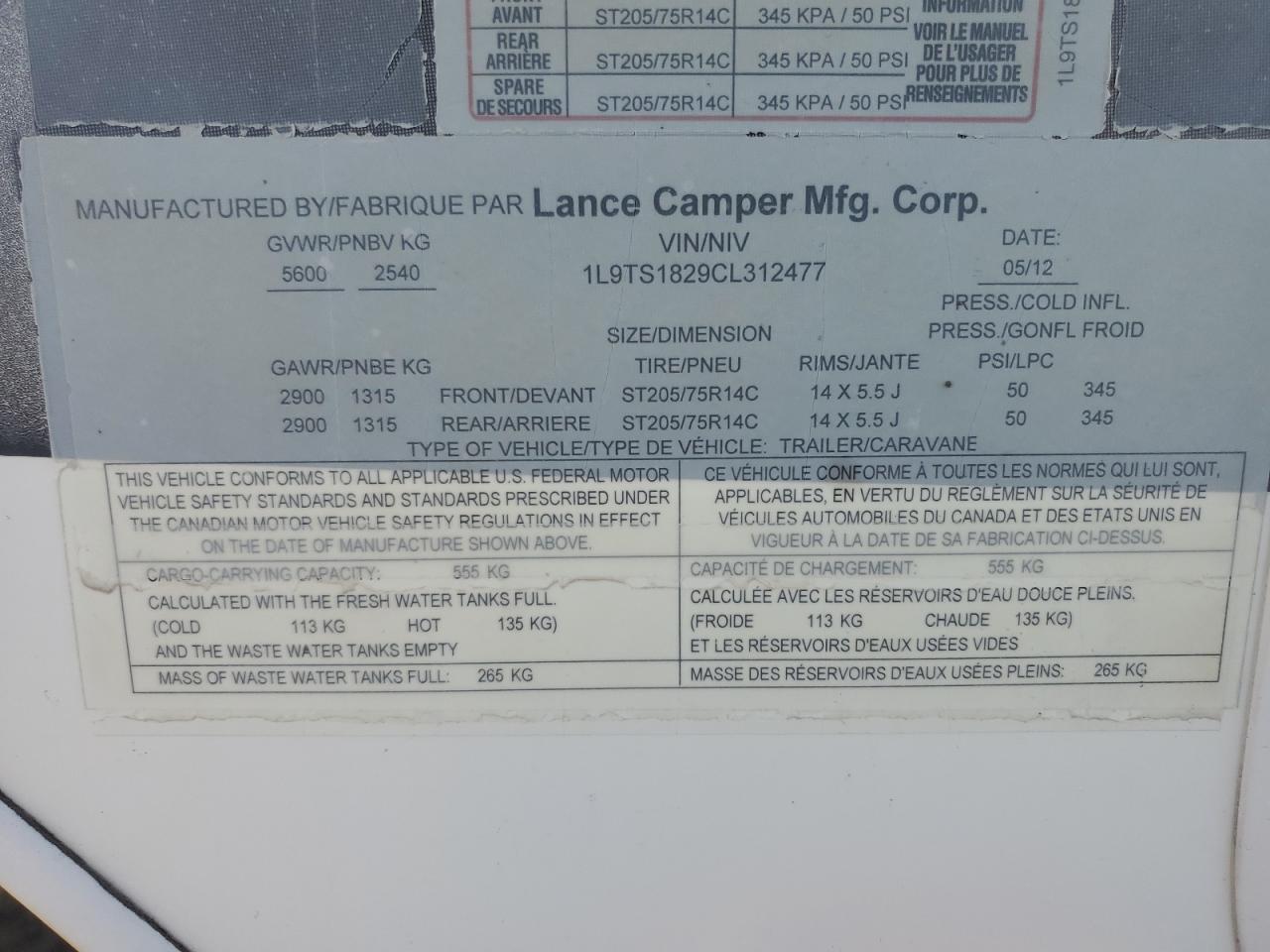 LANCE TRAILER 2012 VIN 1L9TS1829CL312477 фото 10