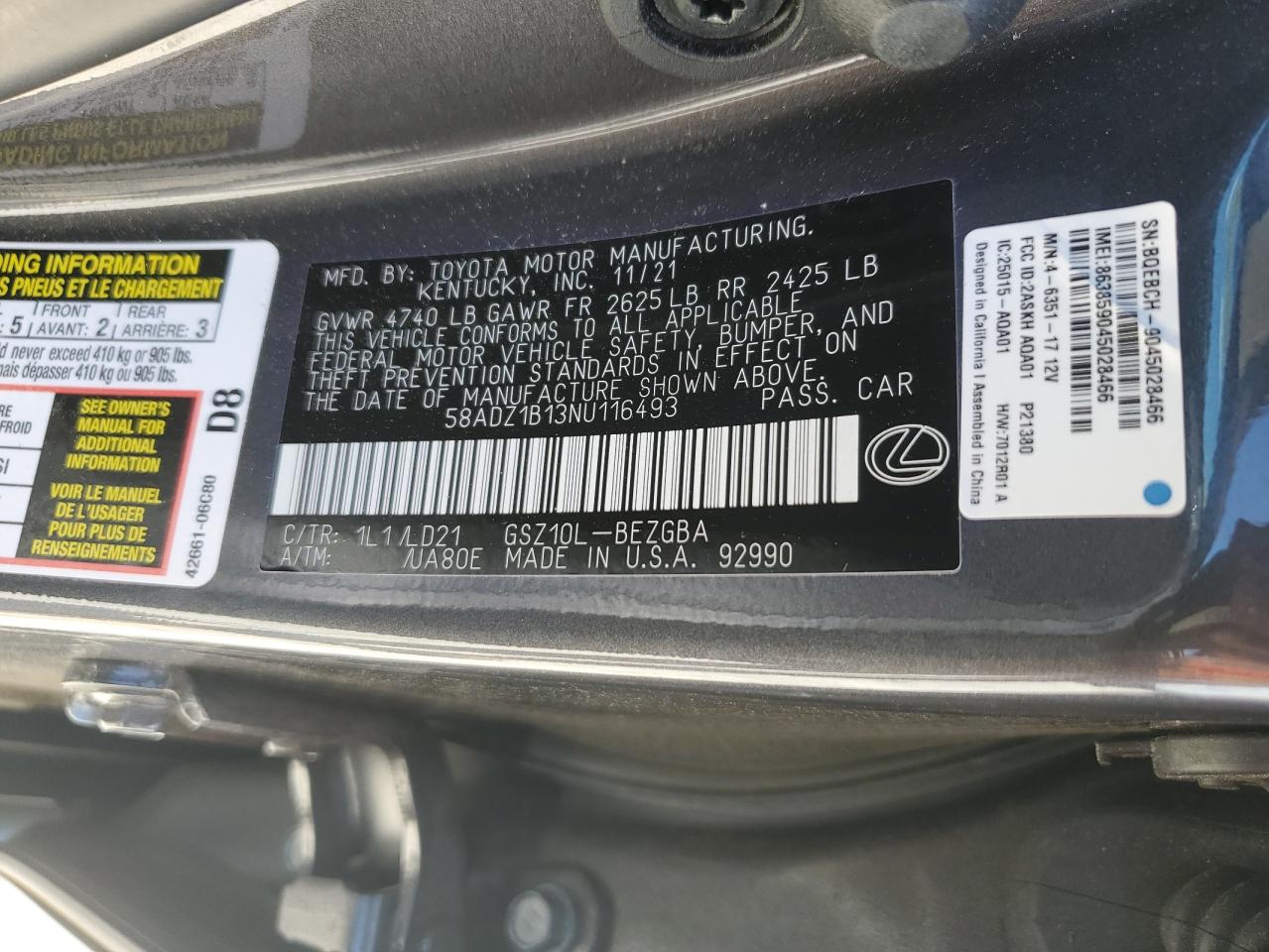 2022 Lexus Es 350 Base VIN: 58ADZ1B13NU116493 Lot: 61248515