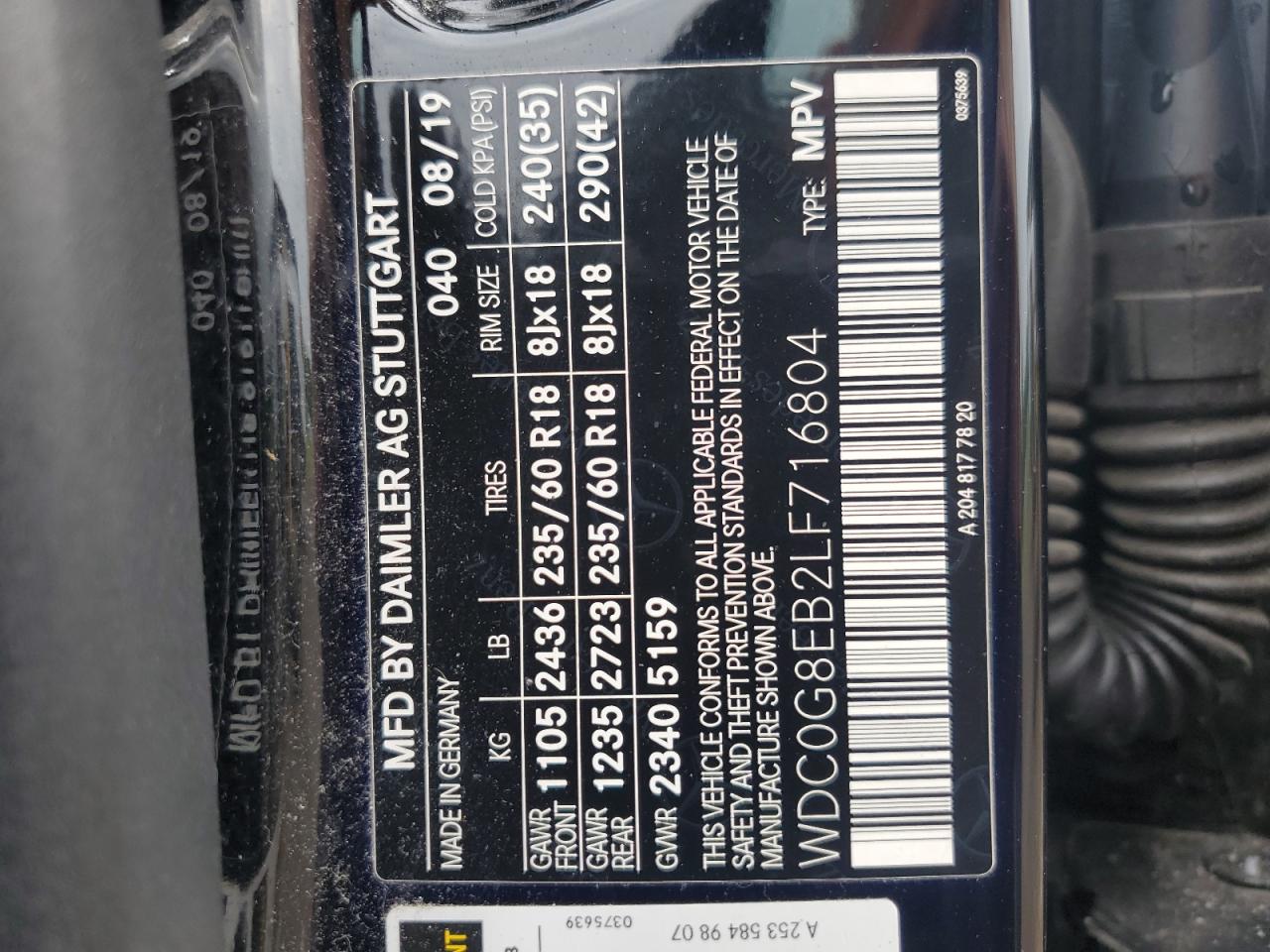 2020 Mercedes-Benz Glc 300 4Matic VIN: WDC0G8EB2LF716804 Lot: 61199815