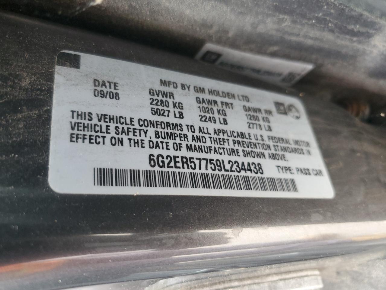 2009 Pontiac G8 VIN: 6G2ER57759L234438 Lot: 62669575
