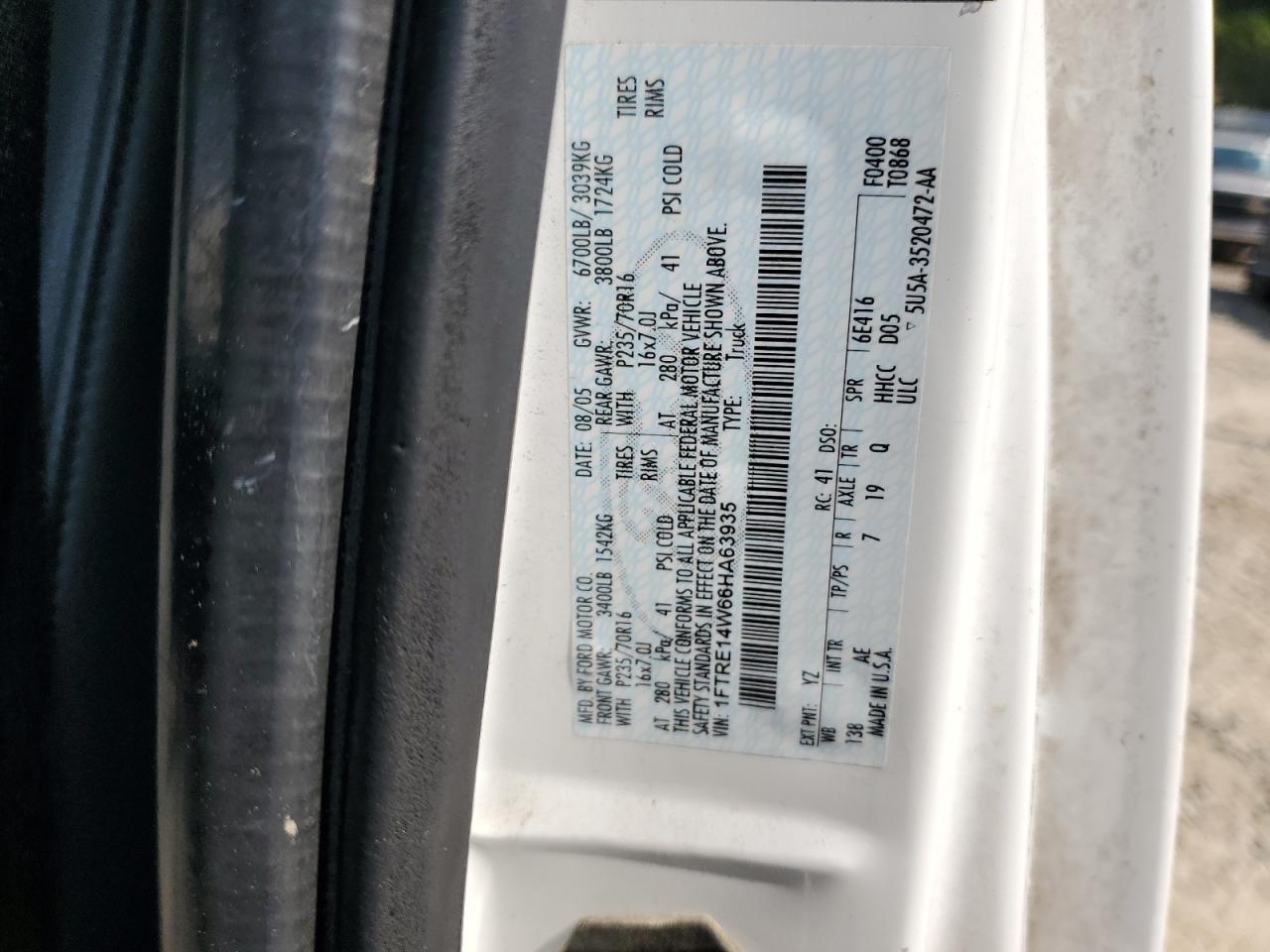 2006 Ford Econoline E150 Van VIN: 1FTRE14W66HA63935 Lot: 62368345
