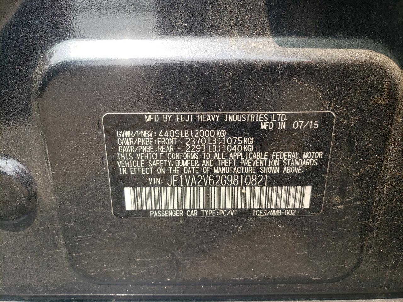 2016 Subaru Wrx Sti VIN: JF1VA2V62G9810821 Lot: 58758955