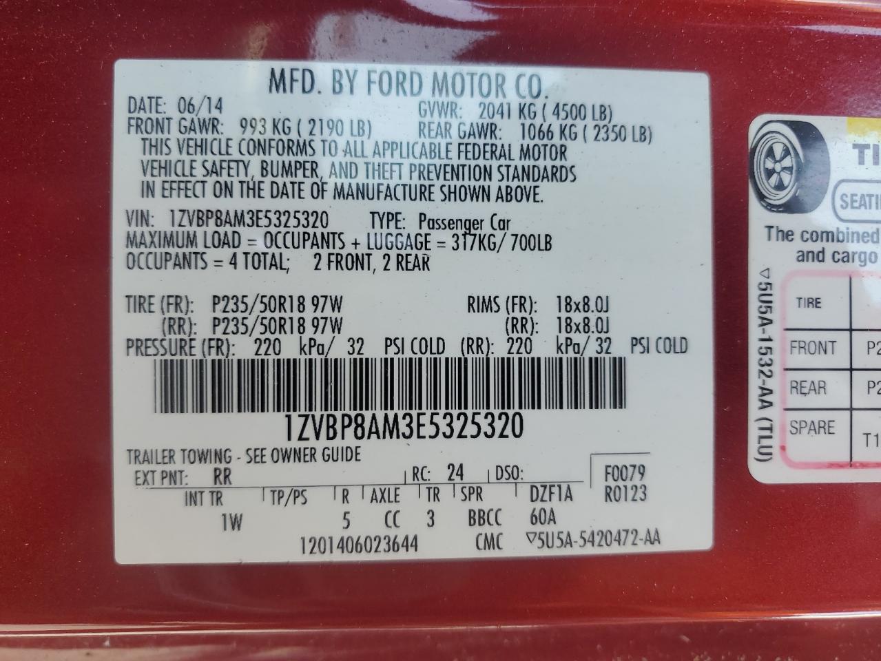 2014 Ford Mustang VIN: 1ZVBP8AM3E5325320 Lot: 61002985