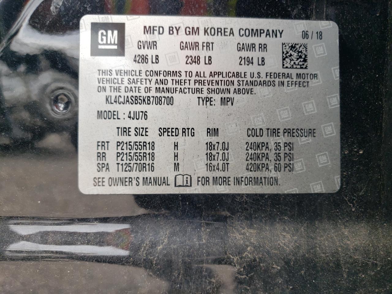 2019 Buick Encore Preferred VIN: KL4CJASB5KB708700 Lot: 62996205