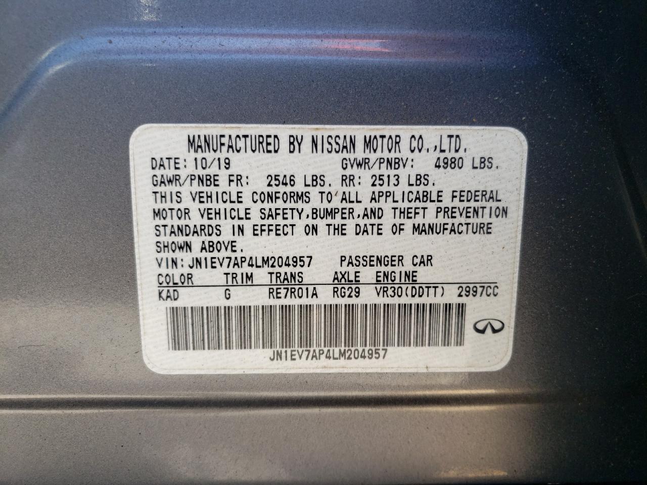 2020 Infiniti Q50 Pure VIN: JN1EV7AP4LM204957 Lot: 61810335