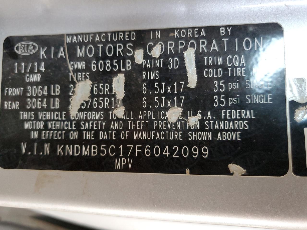 2015 Kia Sedona Lx VIN: KNDMB5C17F6042099 Lot: 63083485