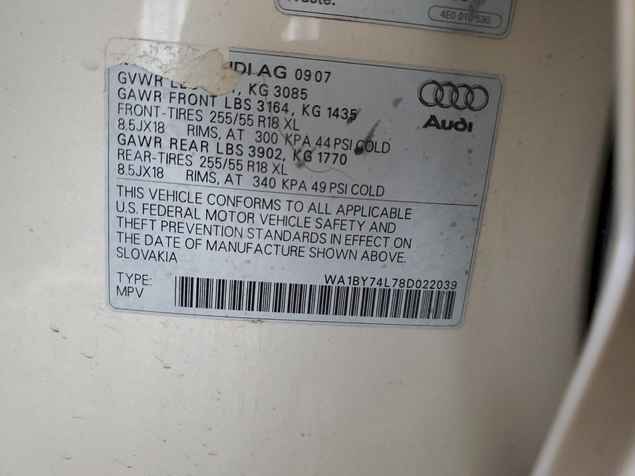2008 Audi Q7 3.6 Quattro Premium VIN: WA1BY74L78D022039 Lot: 61649905