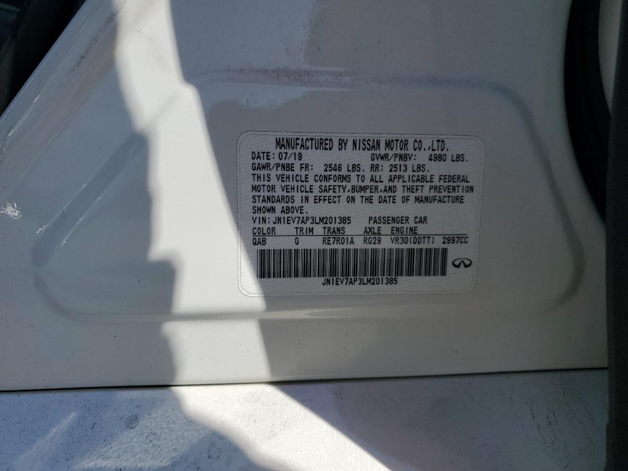2020 Infiniti Q50 Pure VIN: JN1EV7AP3LM201385 Lot: 60319185