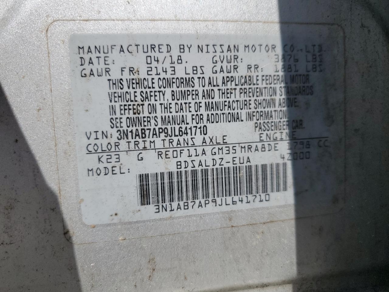 2018 Nissan Sentra S VIN: 3N1AB7AP9JL641710 Lot: 62026485