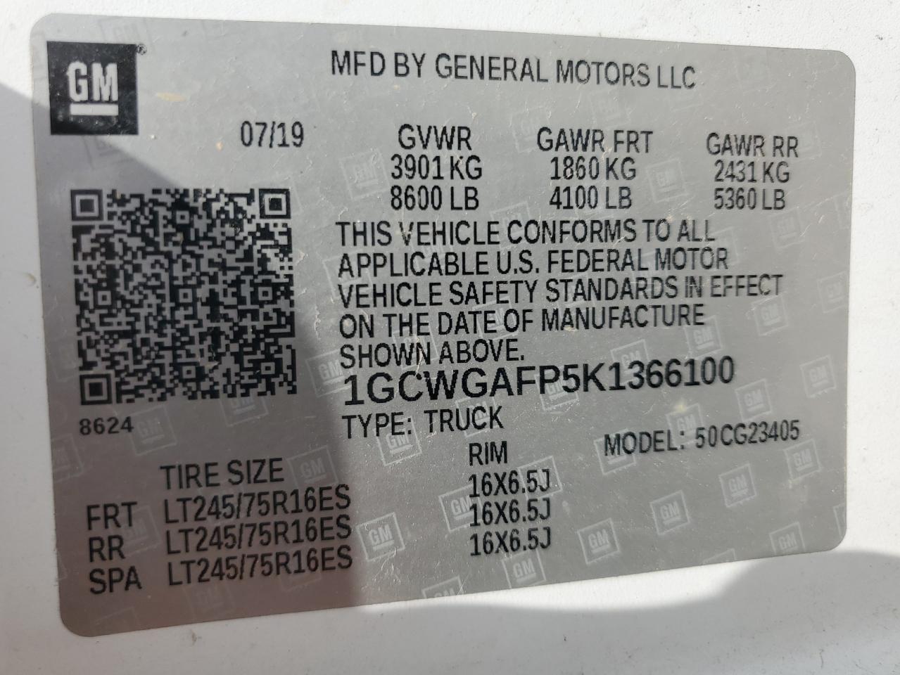 2019 Chevrolet Express G2500 VIN: 1GCWGAFP5K1366100 Lot: 62489415