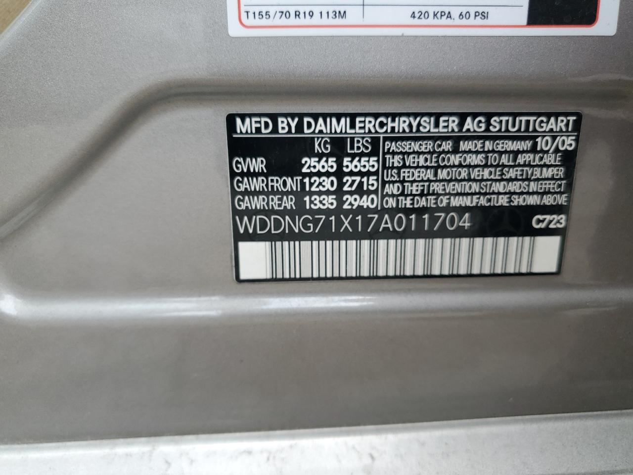 2007 Mercedes-Benz S 550 VIN: WDDNG71X17A011704 Lot: 61079865