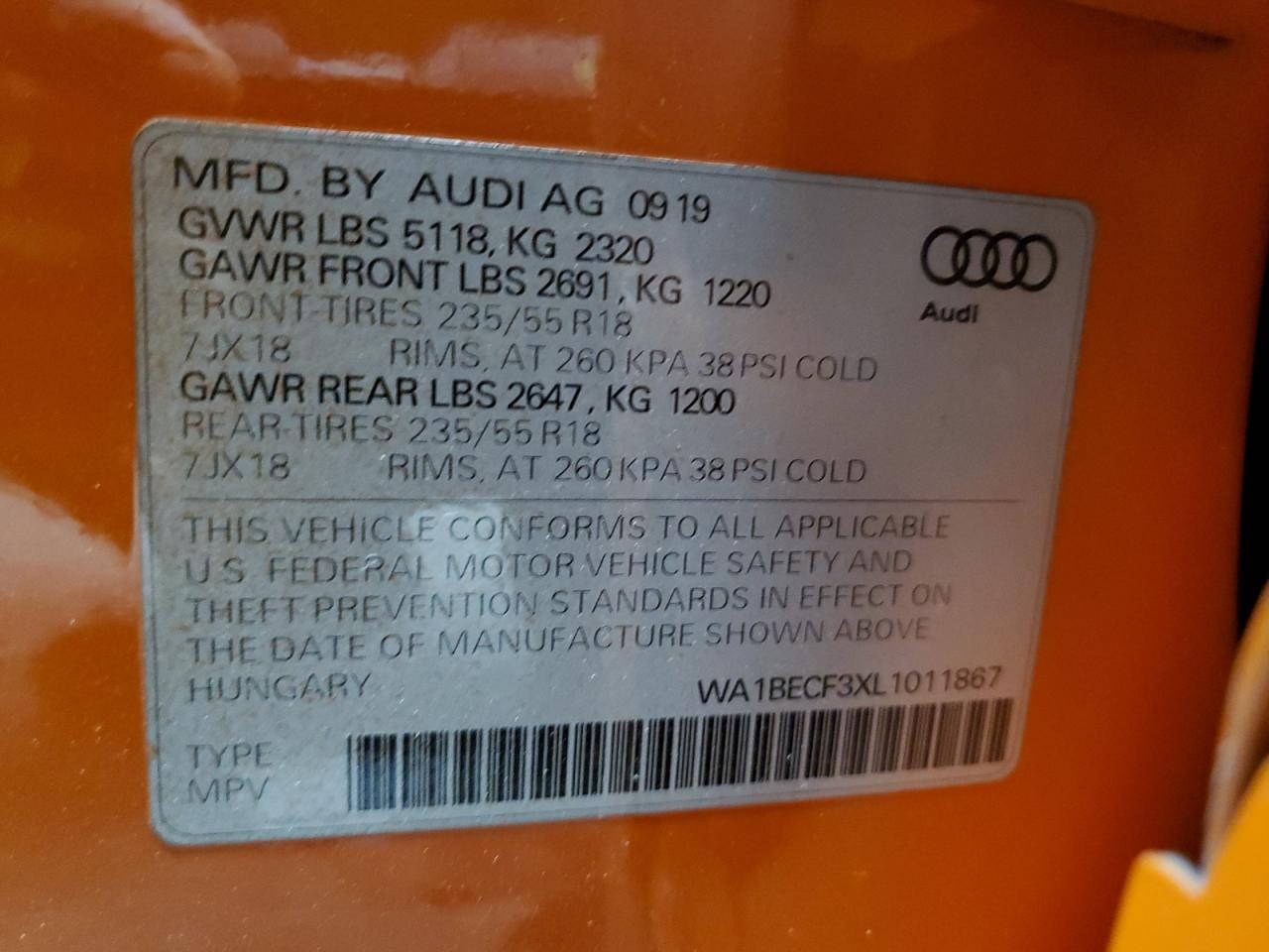 2020 Audi Q3 Premium Plus VIN: WA1BECF3XL1011867 Lot: 61438095