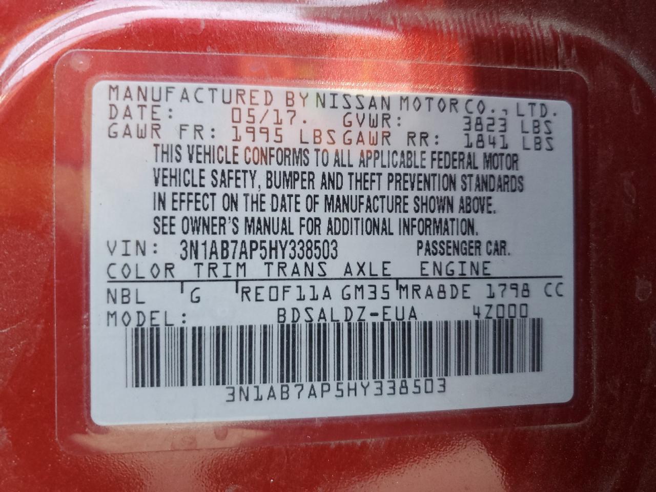 2017 Nissan Sentra S VIN: 3N1AB7AP5HY338503 Lot: 62212545