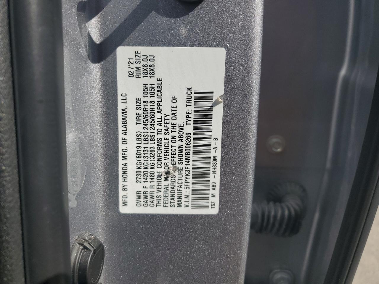 2021 Honda Ridgeline Sport VIN: 5FPYK3F14MB006266 Lot: 61412245