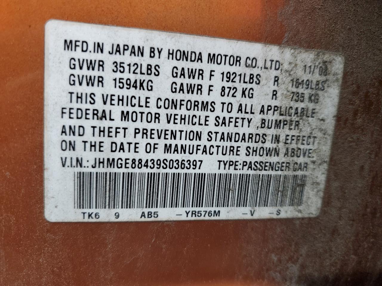 2009 Honda Fit Sport VIN: JHMGE88439S036397 Lot: 62175255