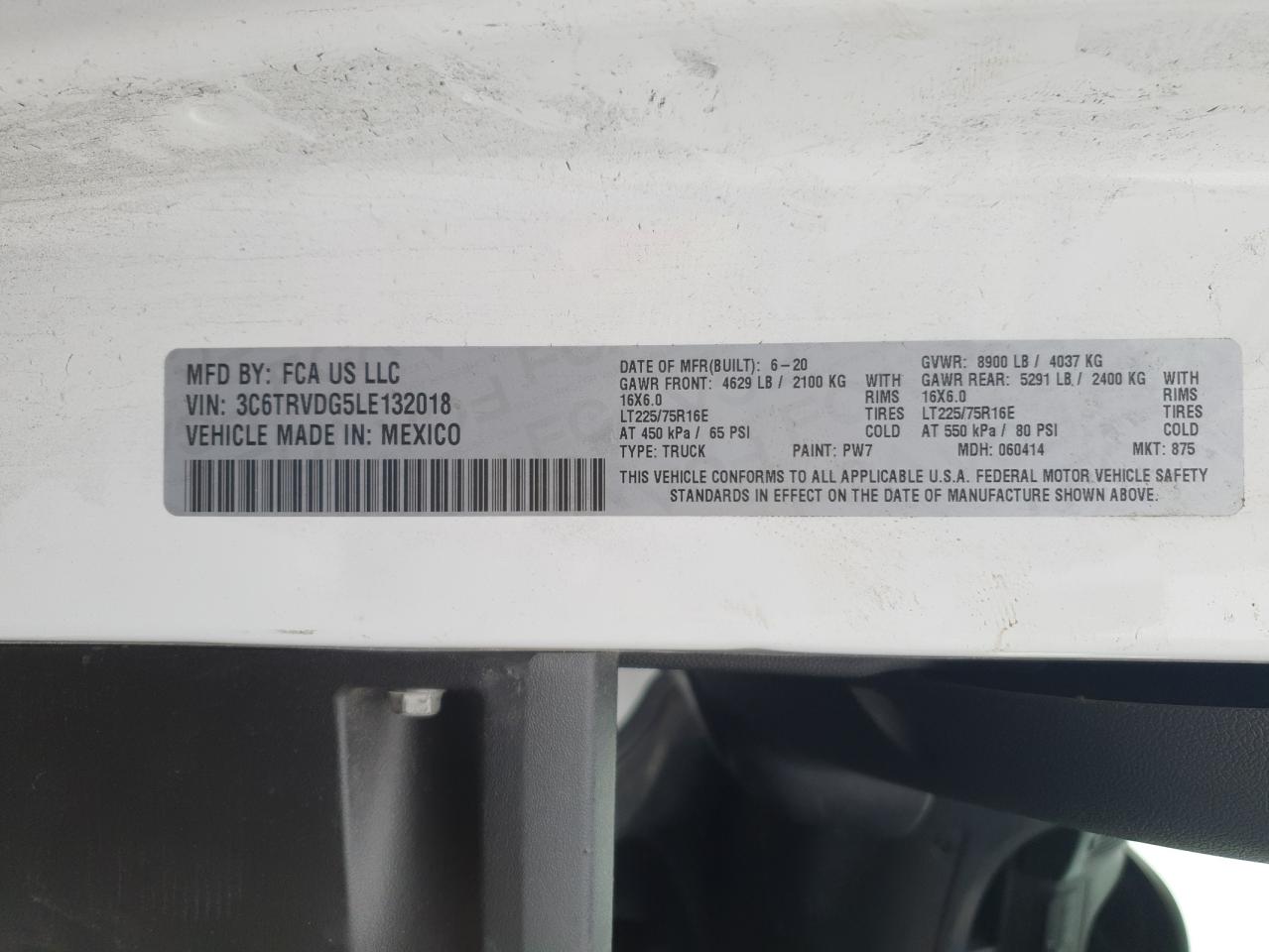 2020 Ram Promaster 2500 2500 High VIN: 3C6TRVDG5LE132018 Lot: 59603705