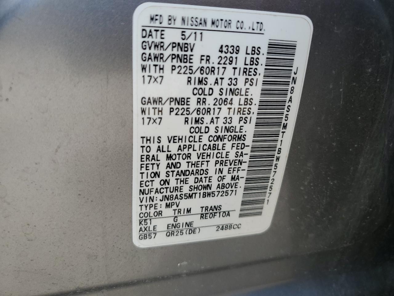 NISSAN ROGUE 2011 VIN JN8AS5MT1BW572571 фото 12