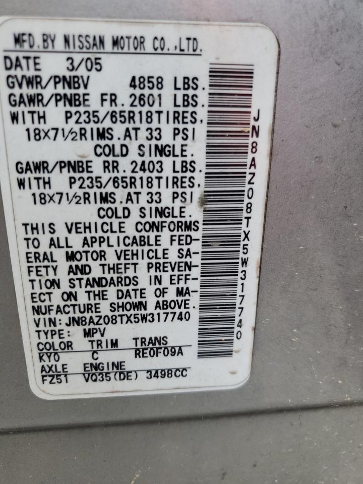 2005 Nissan Murano Sl VIN: JN8AZ08TX5W317740 Lot: 61190465