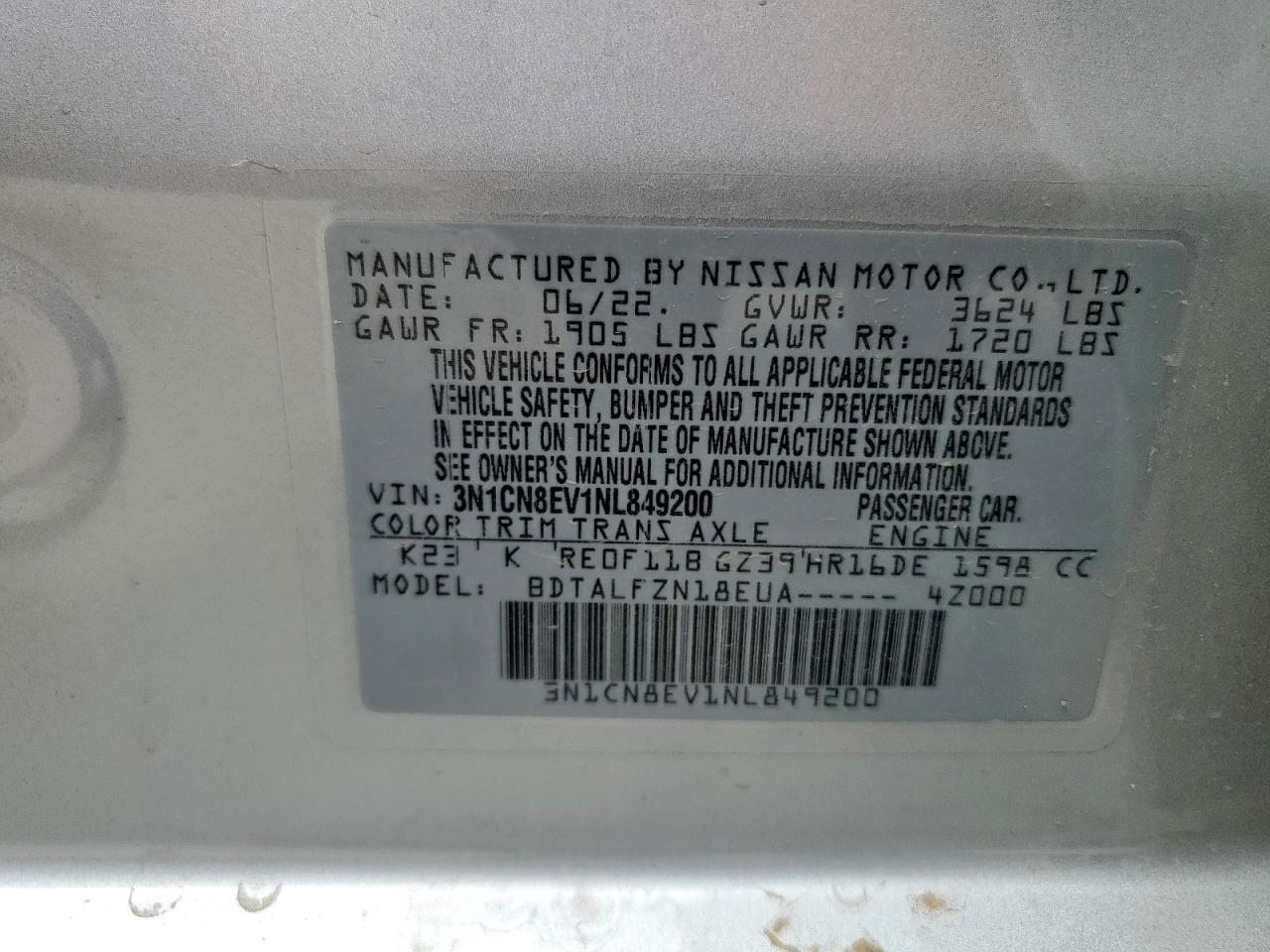 2022 Nissan Versa Sv VIN: 3N1CN8EV1NL849200 Lot: 59047715
