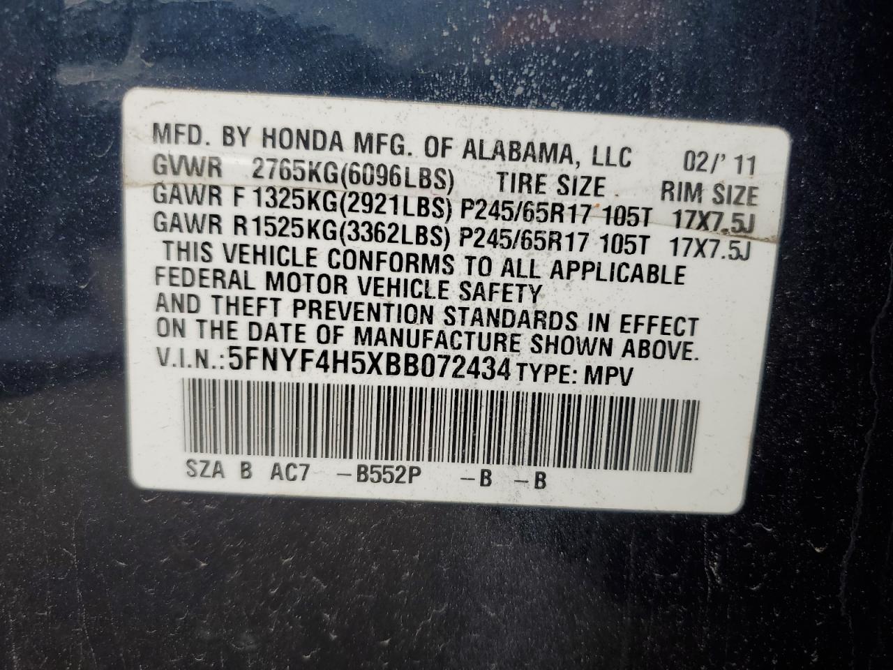 HONDA PILOT 2011 VIN 5FNYF4H5XBB072434 zdjęcie 13