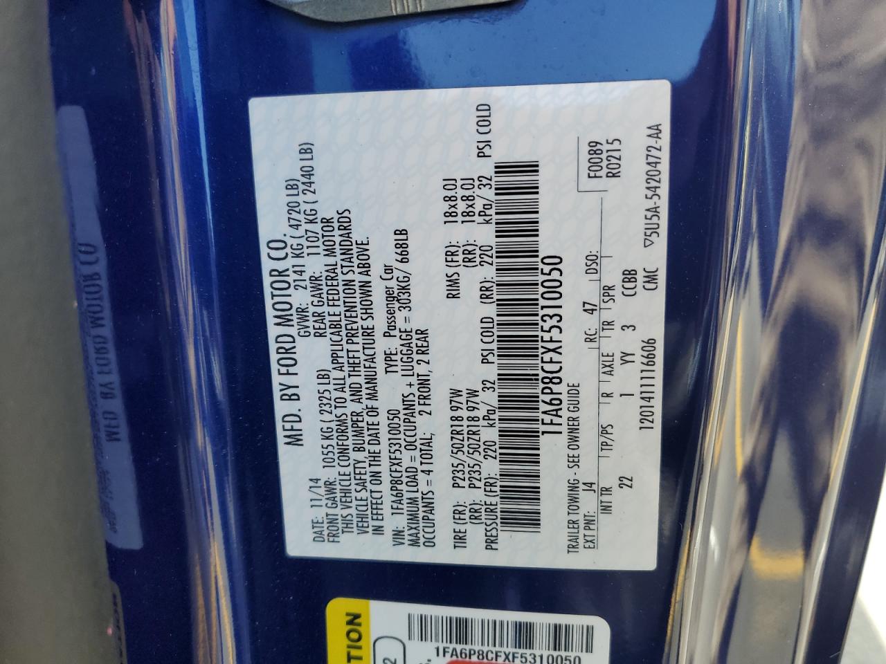 FORD MUSTANG 2015 VIN 1FA6P8CFXF5310050 zdjęcie 12