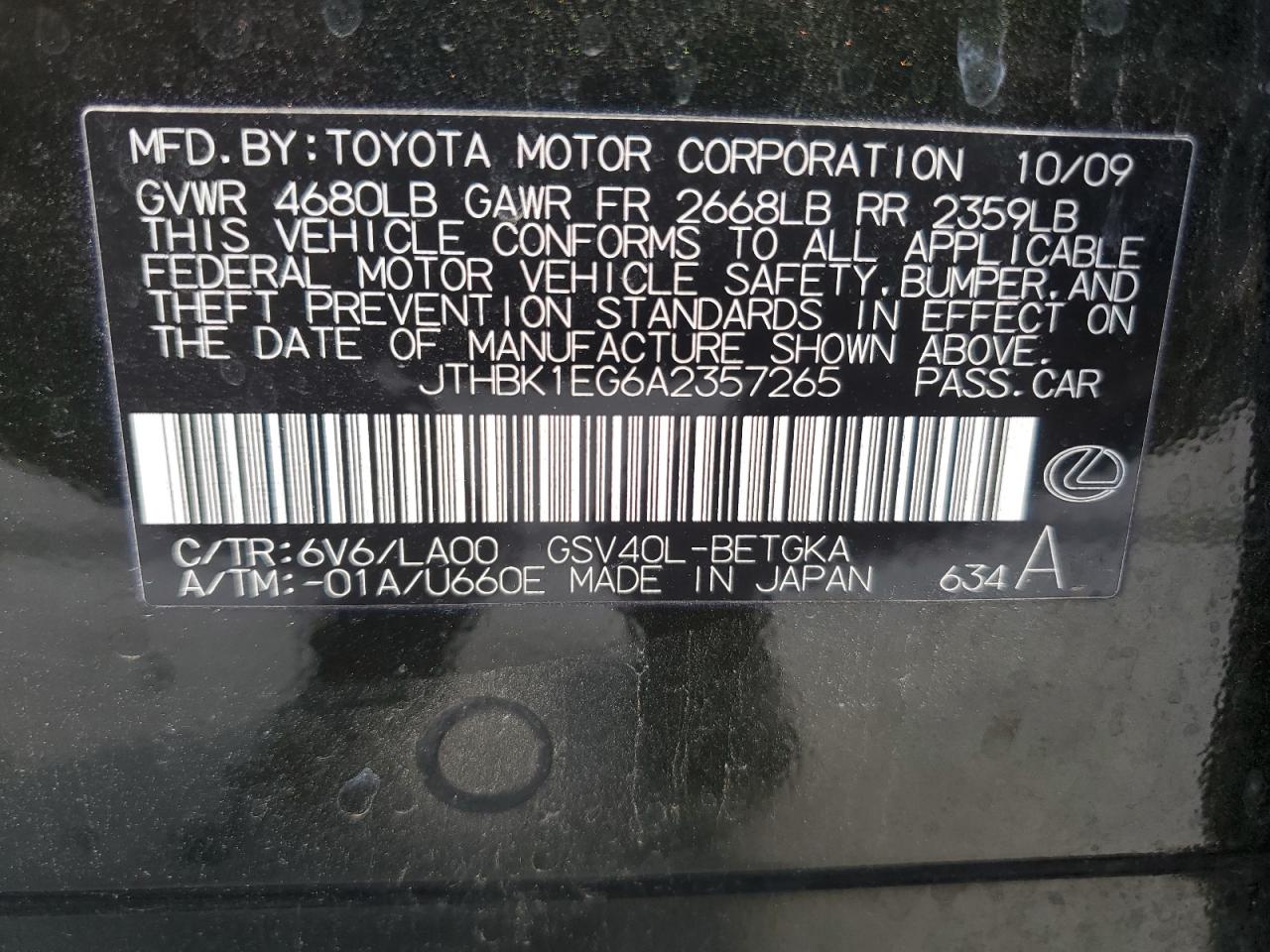 2010 Lexus Es 350 VIN: JTHBK1EG6A2357265 Lot: 62818265