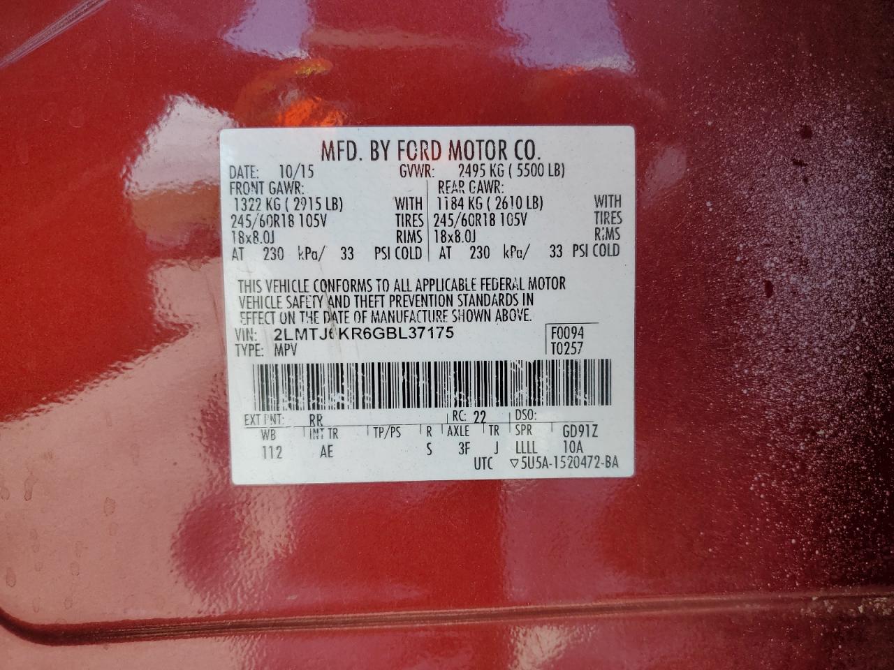 2016 Lincoln Mkx Select VIN: 2LMTJ6KR6GBL37175 Lot: 59973425