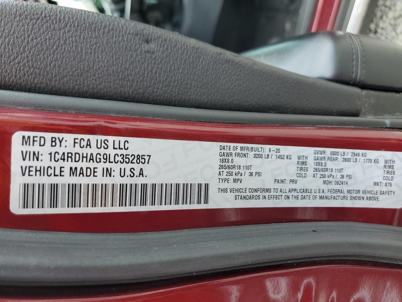 2020 Dodge Durango Sxt VIN: 1C4RDHAG9LC352857 Lot: 62466595