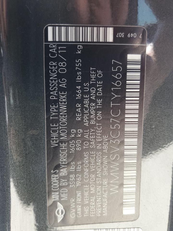 2012 Mini Cooper S VIN: WMWSV3C57CTY16657 Lot: 62812445