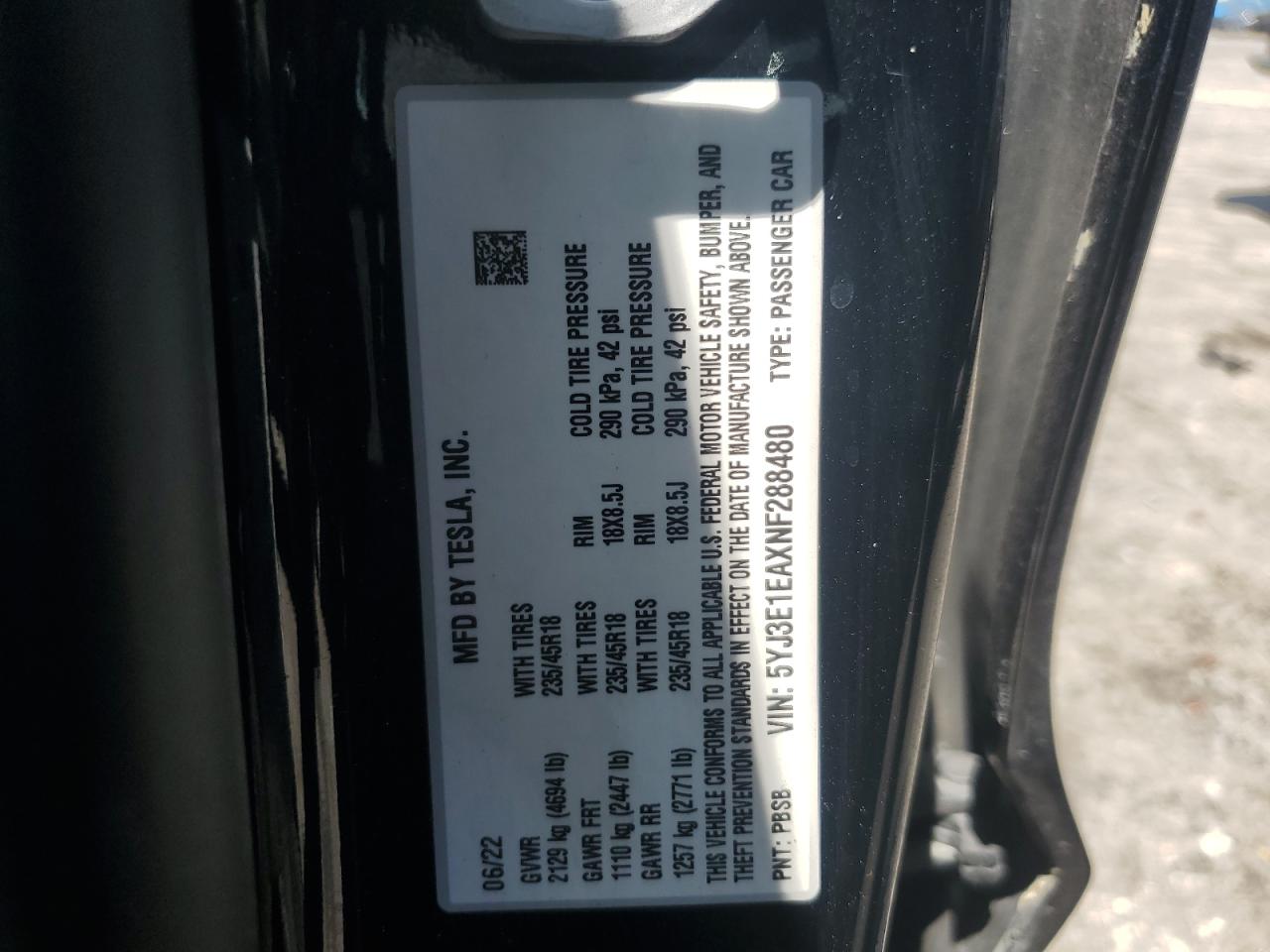 2022 Tesla Model 3 VIN: 5YJ3E1EAXNF288480 Lot: 61374895