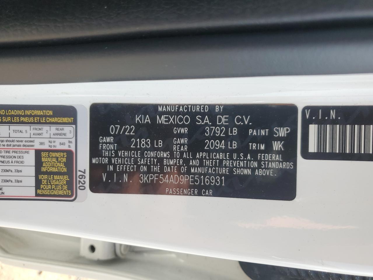 2023 Kia Forte Gt Line VIN: 3KPF54AD9PE516931 Lot: 61560205