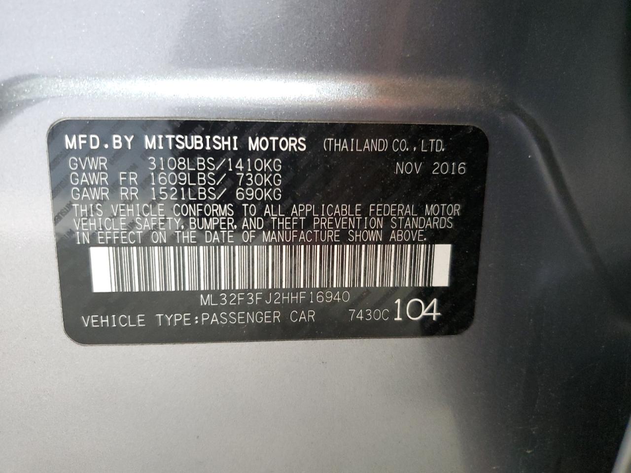 2017 Mitsubishi Mirage G4 Es VIN: ML32F3FJ2HHF16940 Lot: 61099915