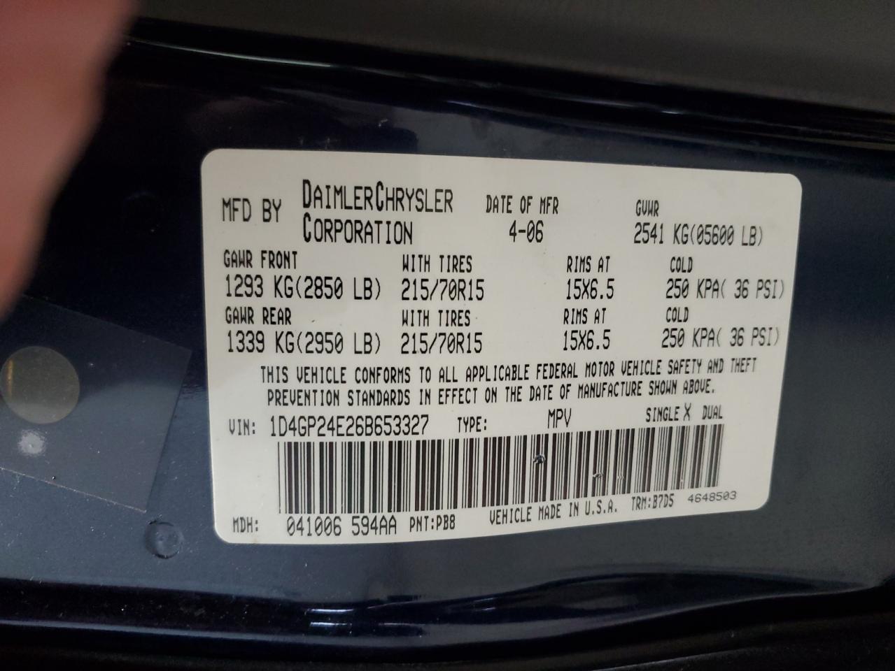 2006 Dodge Grand Caravan Se VIN: 1D4GP24E26B653327 Lot: 61807665