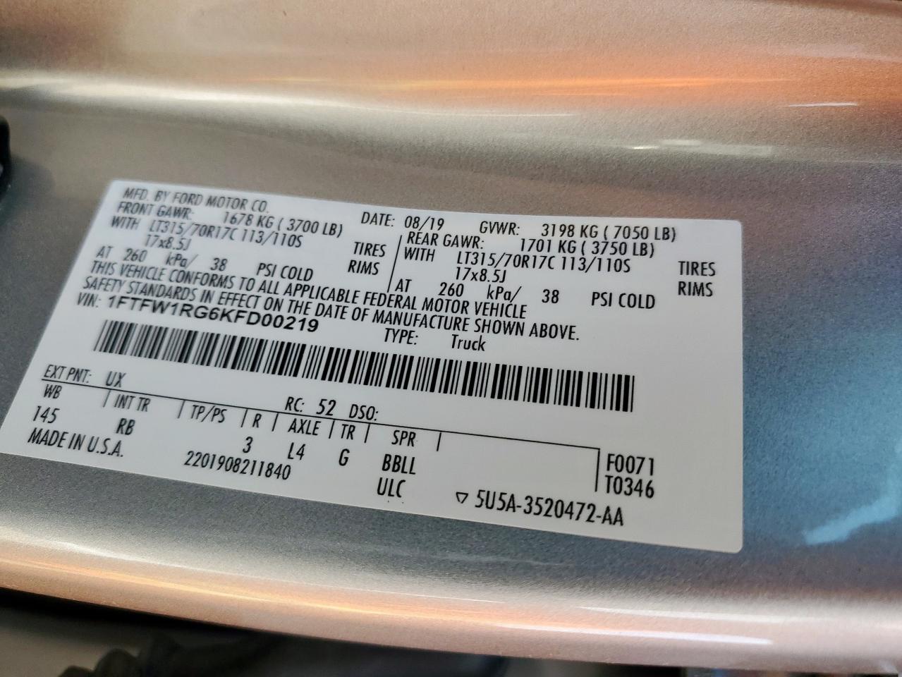 2019 Ford F150 Raptor VIN: 1FTFW1RG6KFD00219 Lot: 54478875