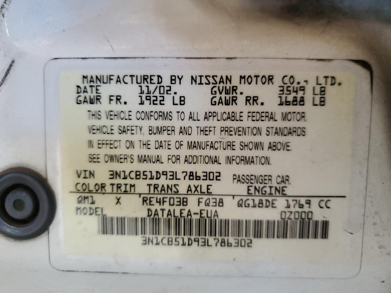 2003 Nissan Sentra Xe VIN: 3N1CB51D93L786302 Lot: 60112305