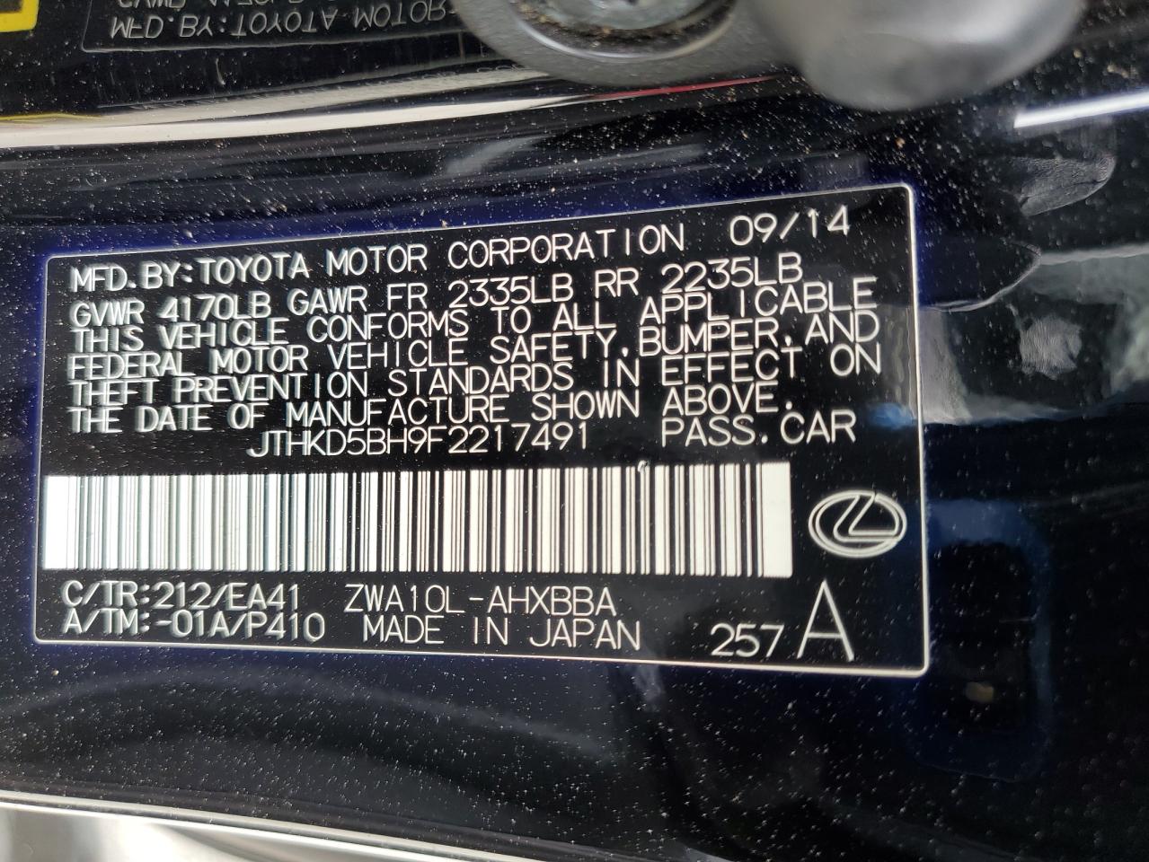 2015 Lexus Ct 200 VIN: JTHKD5BH9F2217491 Lot: 59210285