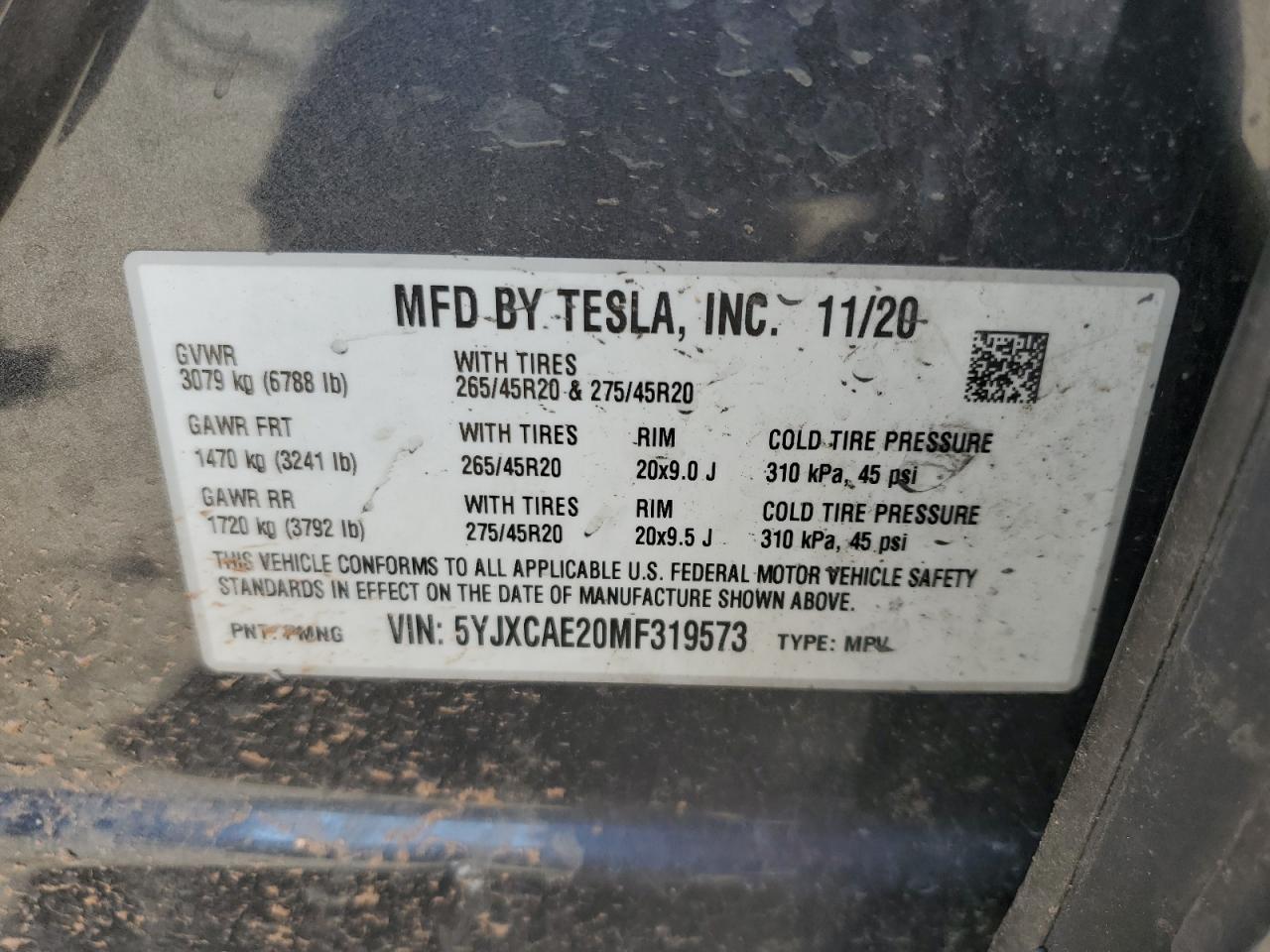 2021 Tesla Model X VIN: 5YJXCAE20MF319573 Lot: 58972425