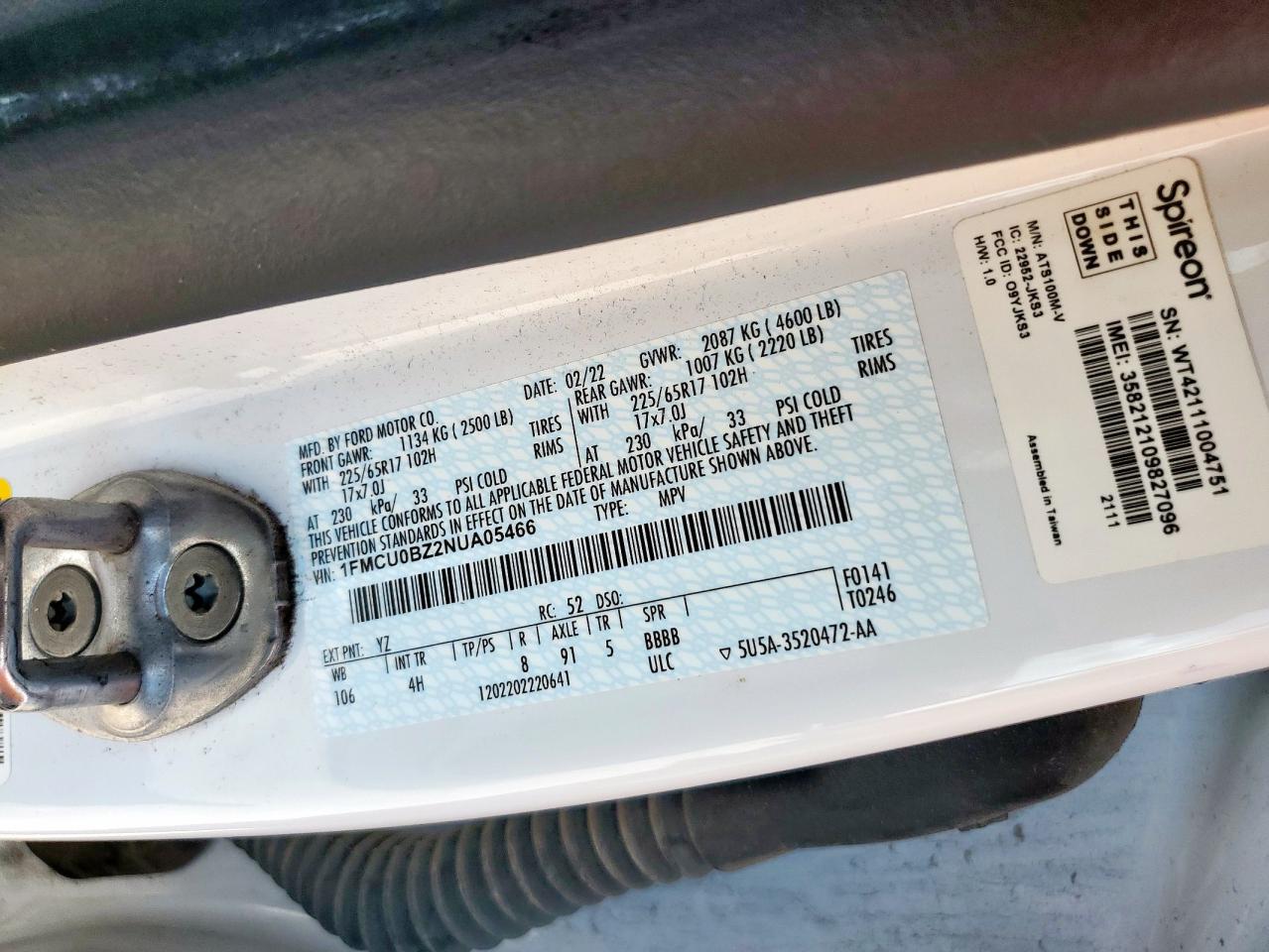 2022 Ford Escape Se VIN: 1FMCU0BZ2NUA05466 Lot: 61662995