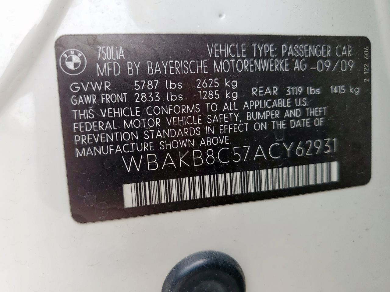 2010 BMW 750 Li VIN: WBAKB8C57ACY62931 Lot: 62565885