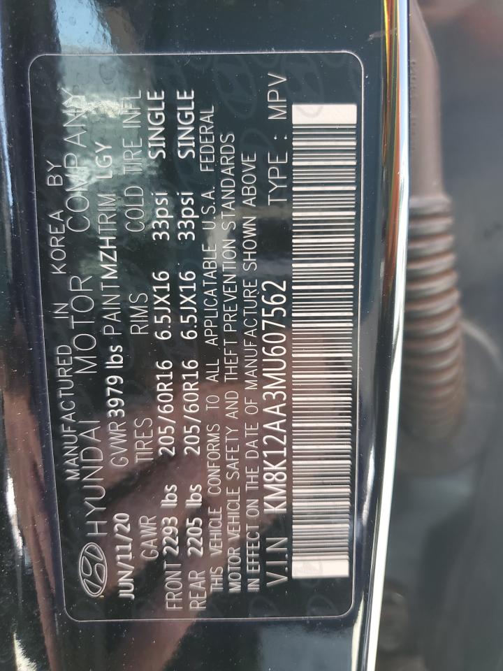 2021 Hyundai Kona Se VIN: KM8K12AA3MU607562 Lot: 61689915