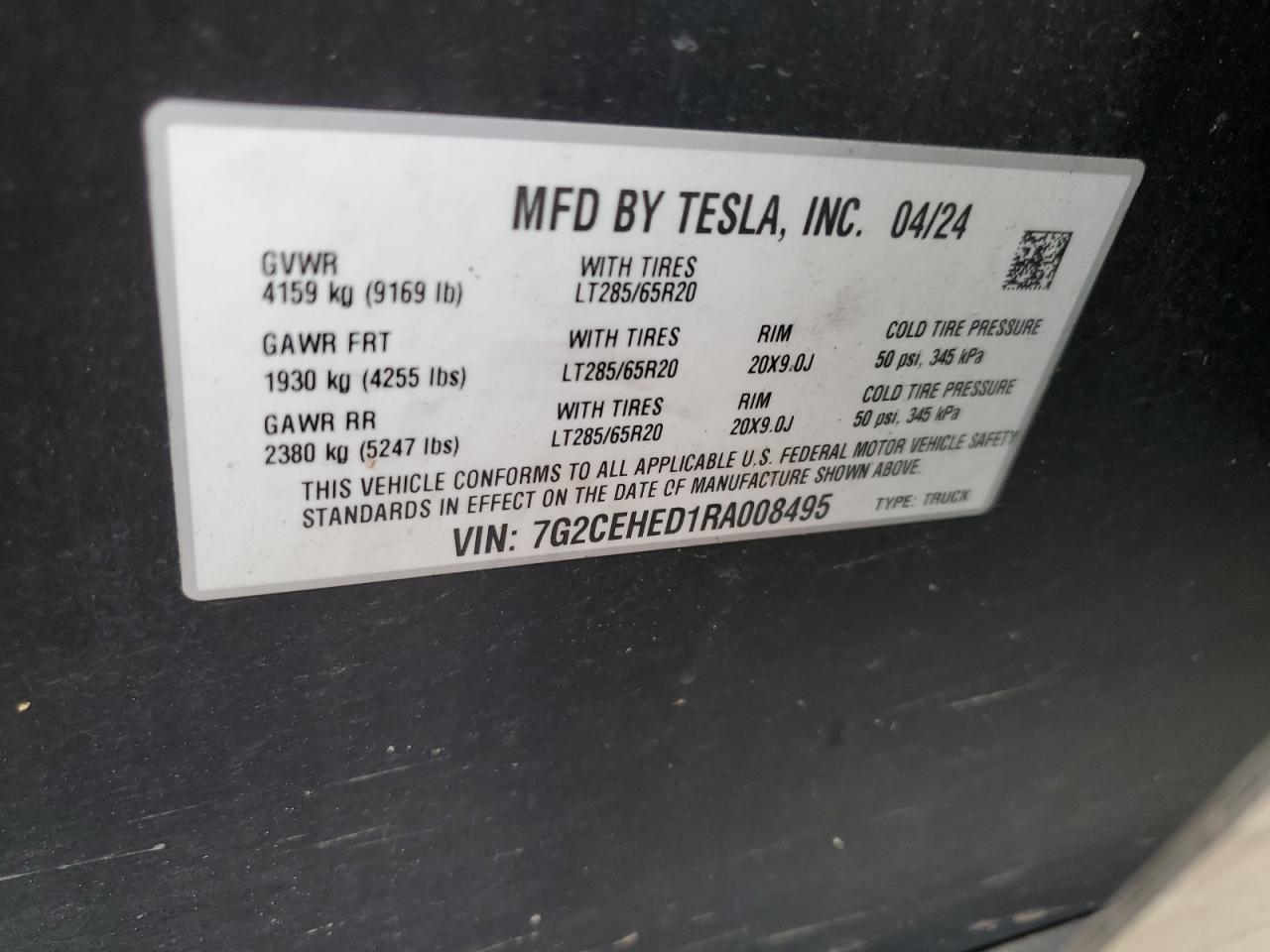 2024 Tesla Cybertruck VIN: 7G2CEHED1RA008495 Lot: 61202075