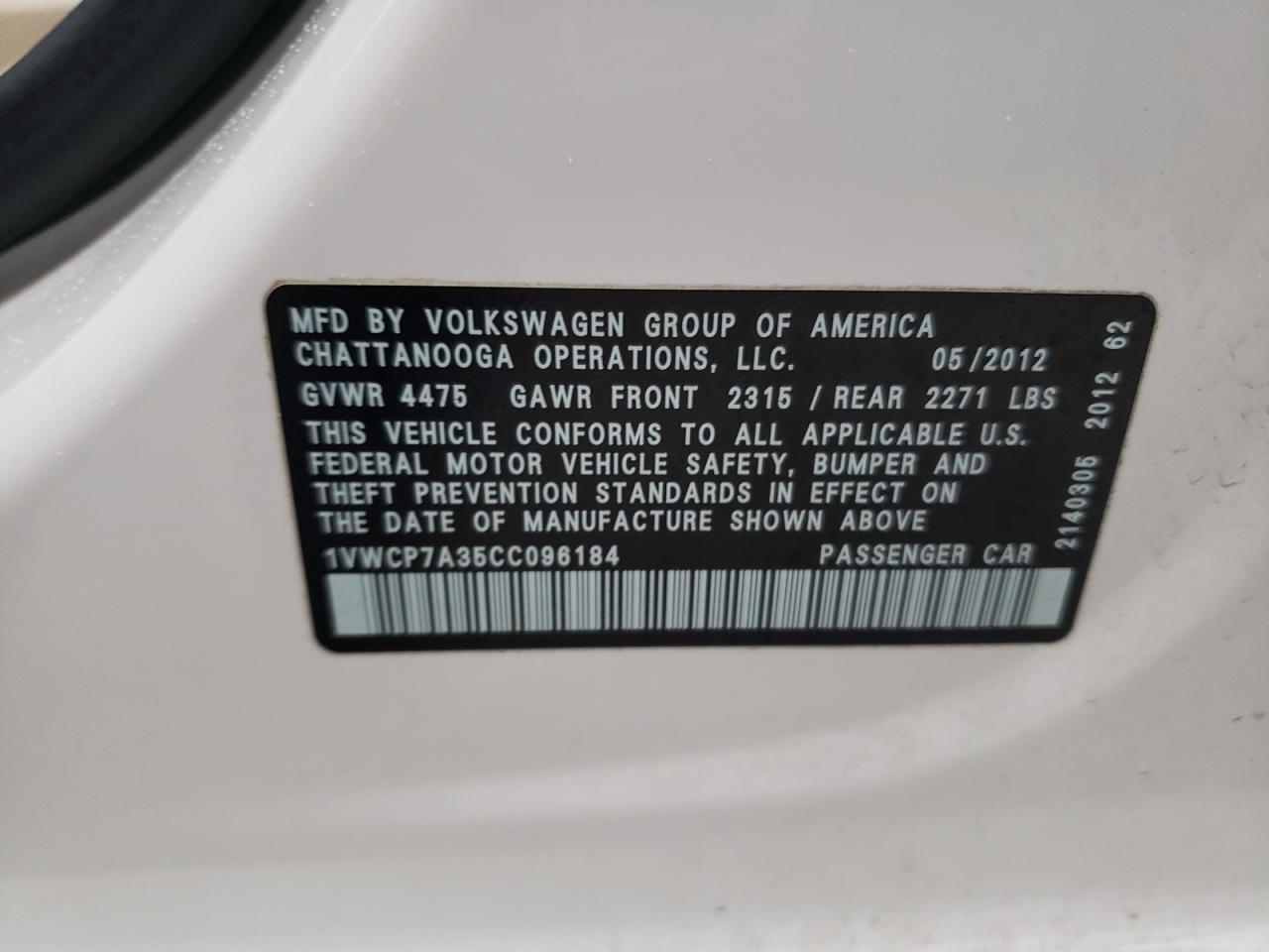 2012 Volkswagen Passat Sel VIN: 1VWCP7A35CC096184 Lot: 62847355