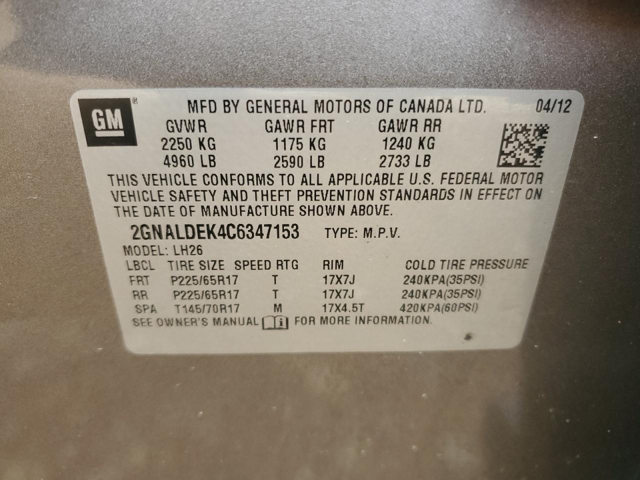 2012 Chevrolet Equinox Lt VIN: 2GNALDEK4C6347153 Lot: 62532275