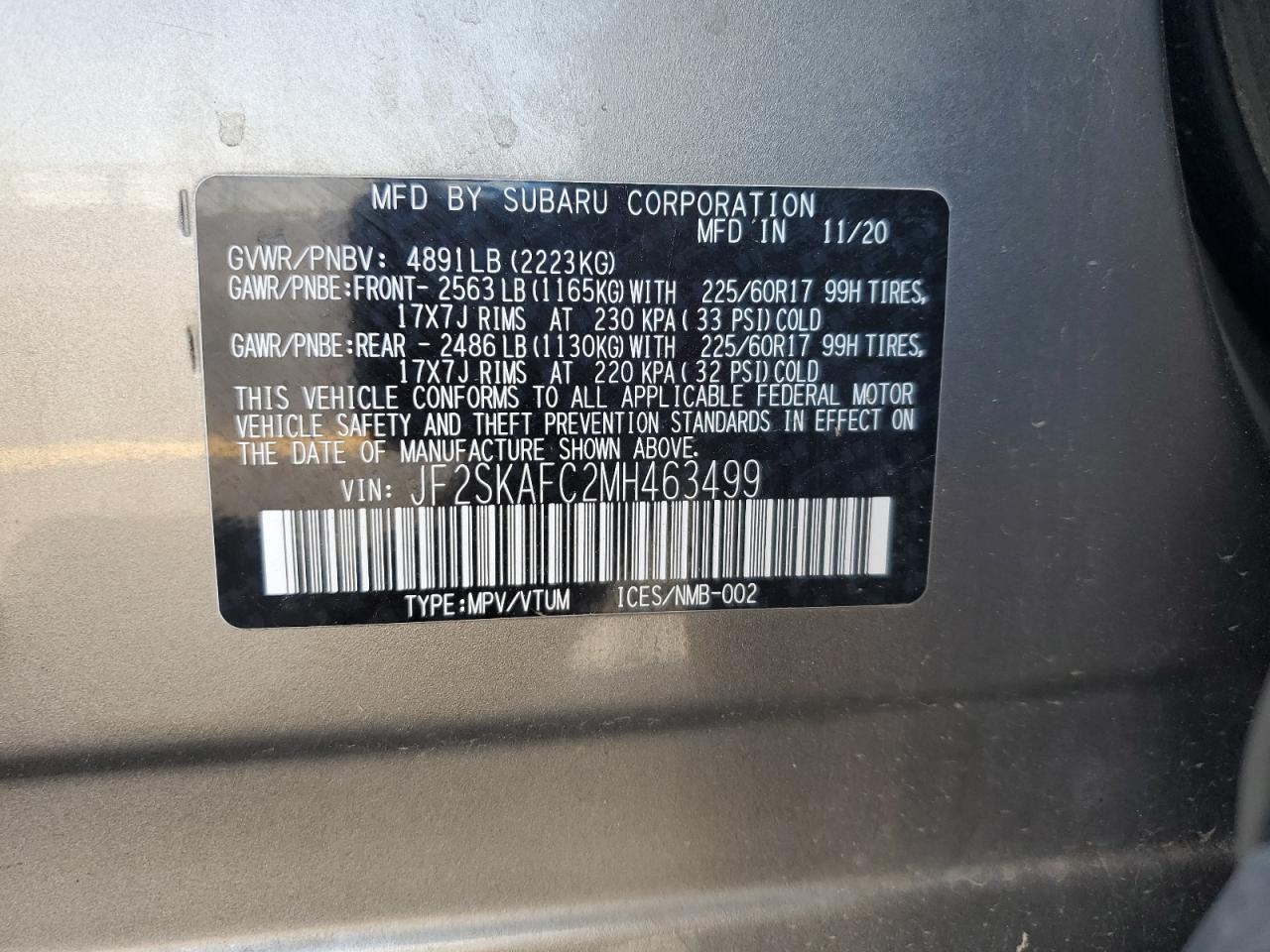 2021 Subaru Forester Premium VIN: JF2SKAFC2MH463499 Lot: 62193495