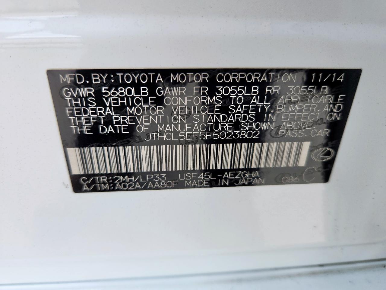 2015 Lexus Ls 460 VIN: JTHCL5EF5F5023802 Lot: 61601925