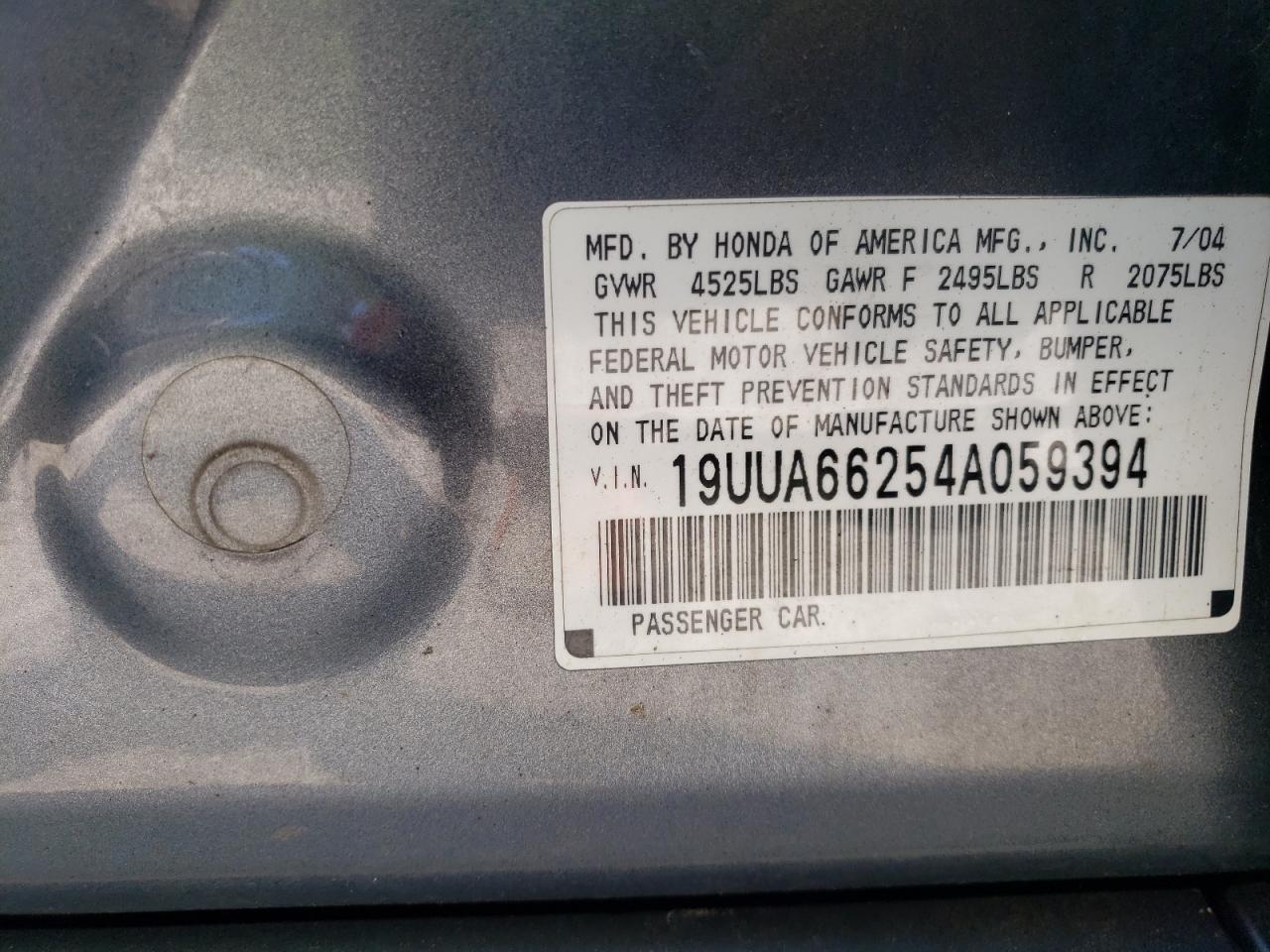 2004 Acura Tl VIN: 19UUA66254A059394 Lot: 57594535